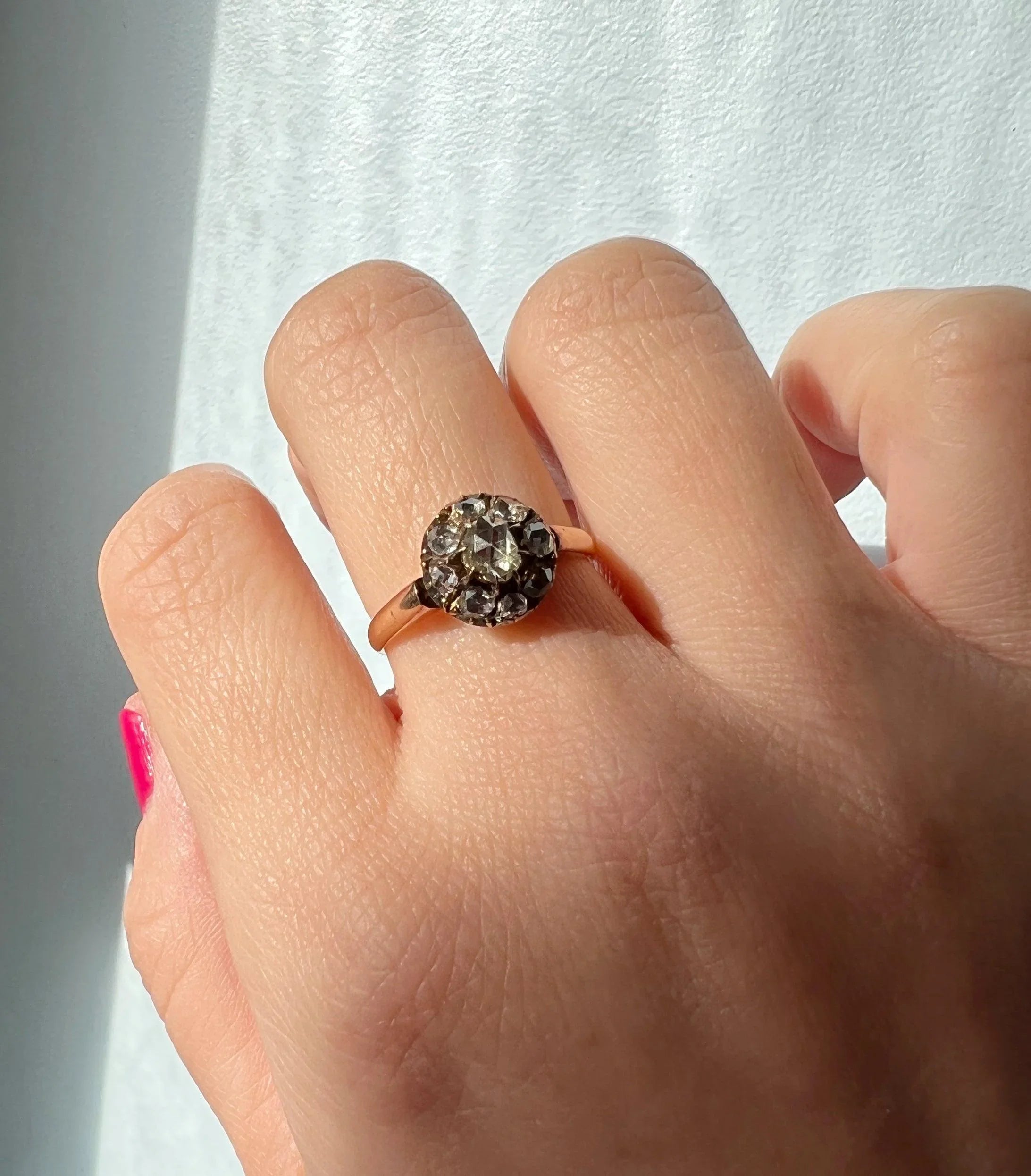 Sweet Antique 18K gold Rose cut diamond cluster ring - Curiously timeless