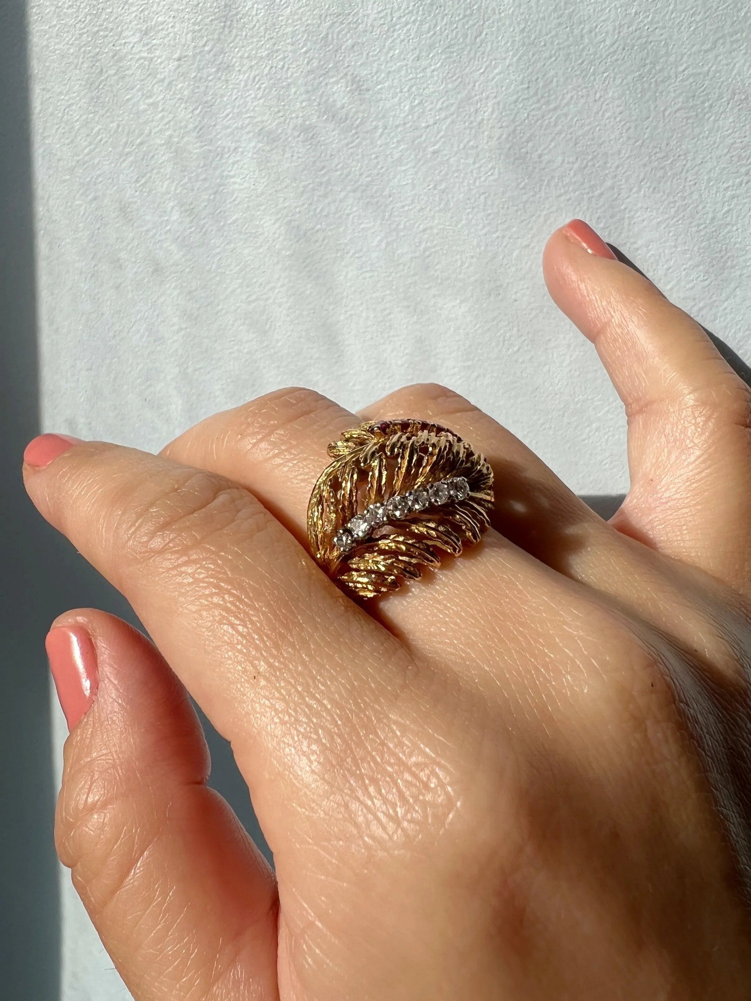 Vintage 18K gold diamond ruby retro cocktail statement ring - Curiously timeless