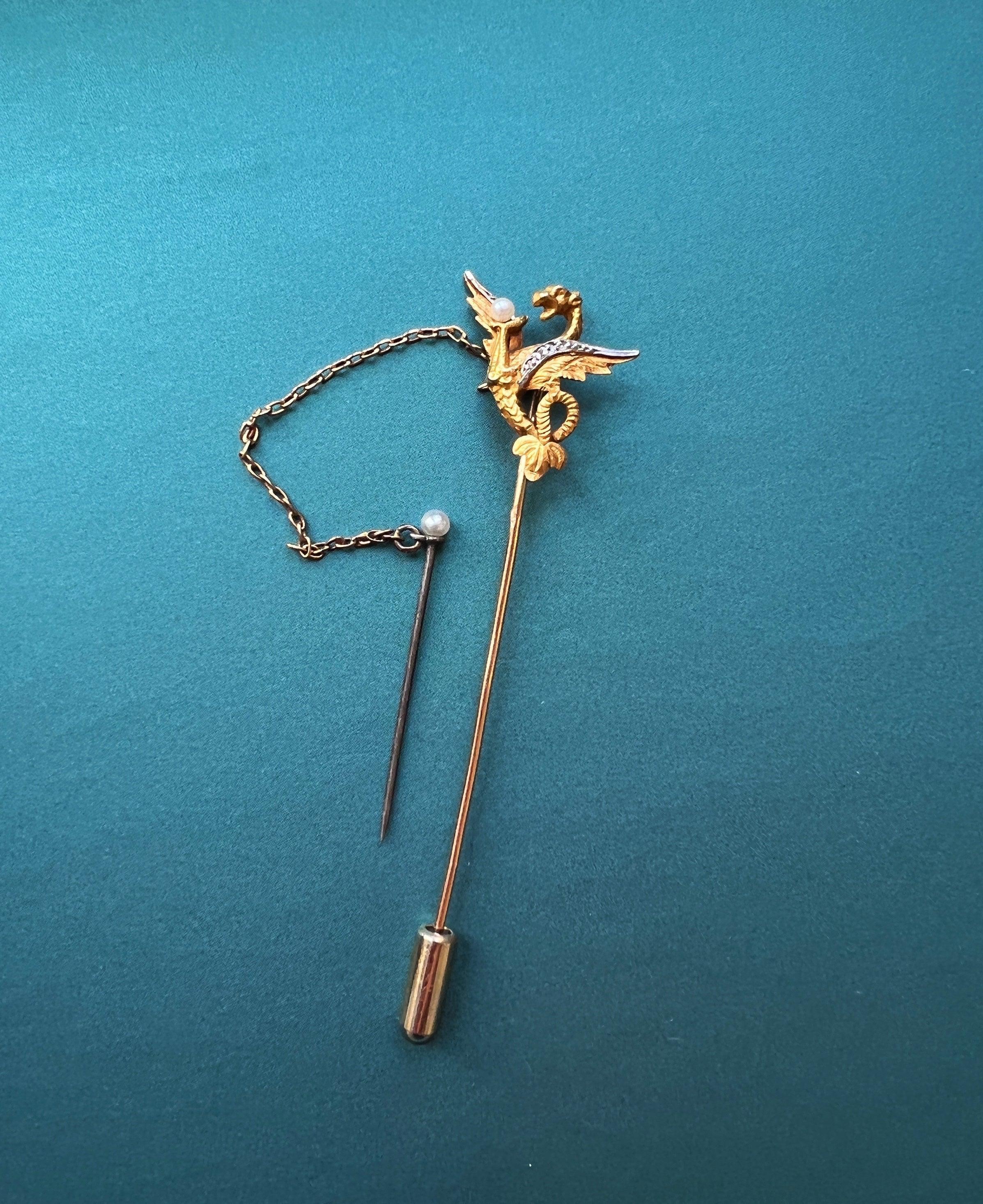 French antique 18K gold diamond chimera pin brooch - Curiously timeless