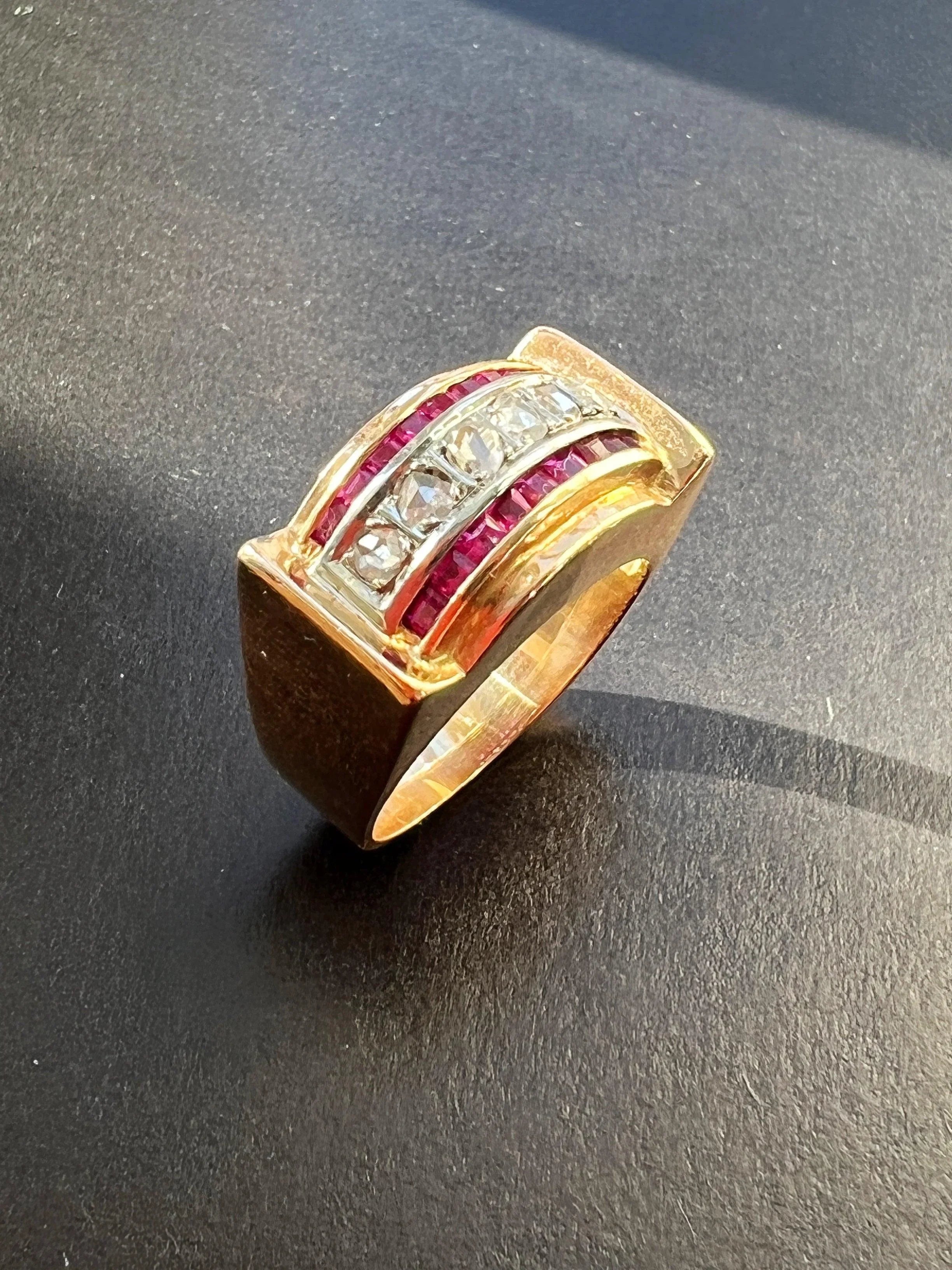 French 1940s Retro vintage diamond ruby 18K gold tank ring - Curiously timeless