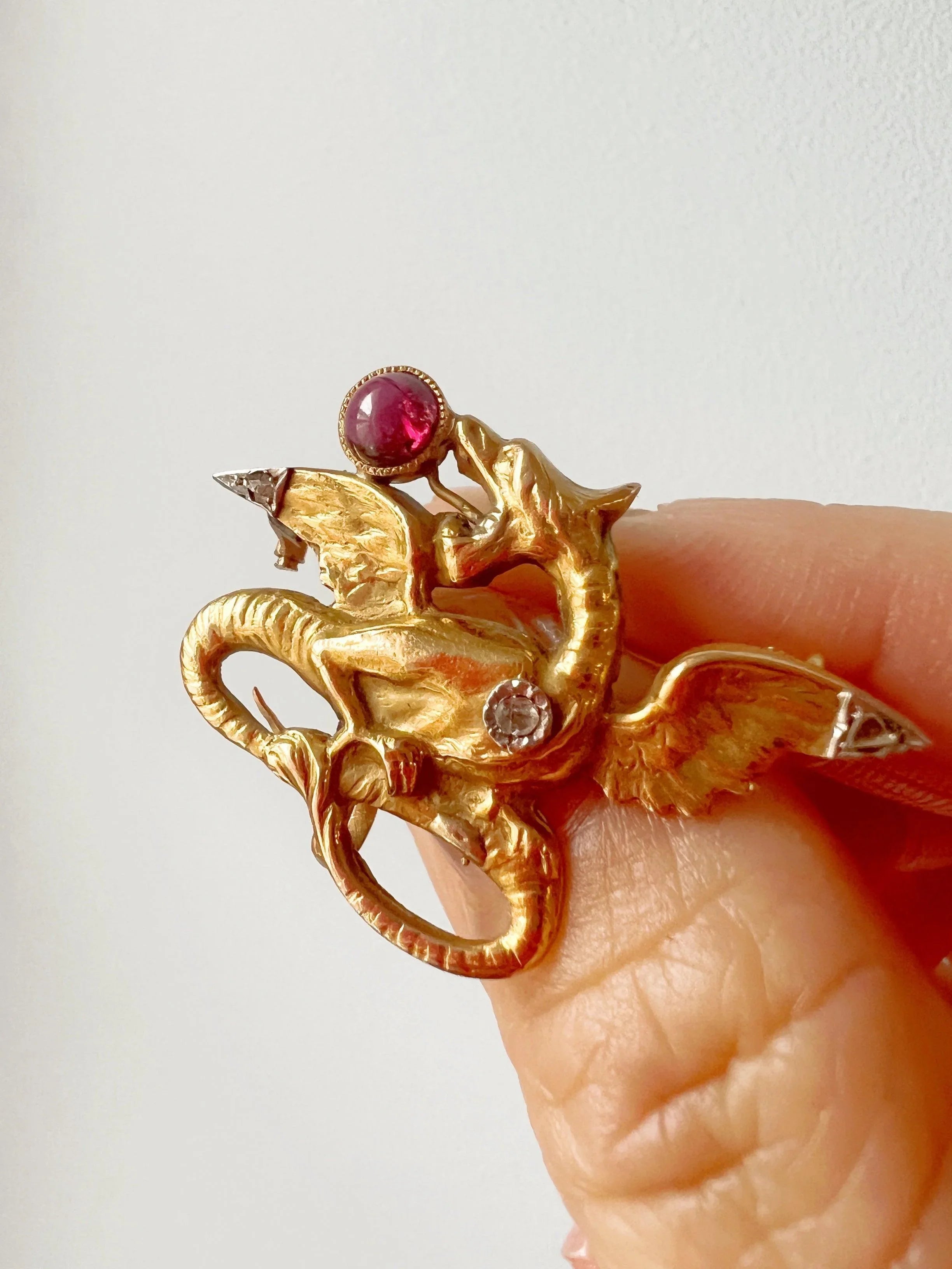 Magnificent French Antique 18K gold diamond tourmaline Chimera brooch - Curiously timeless