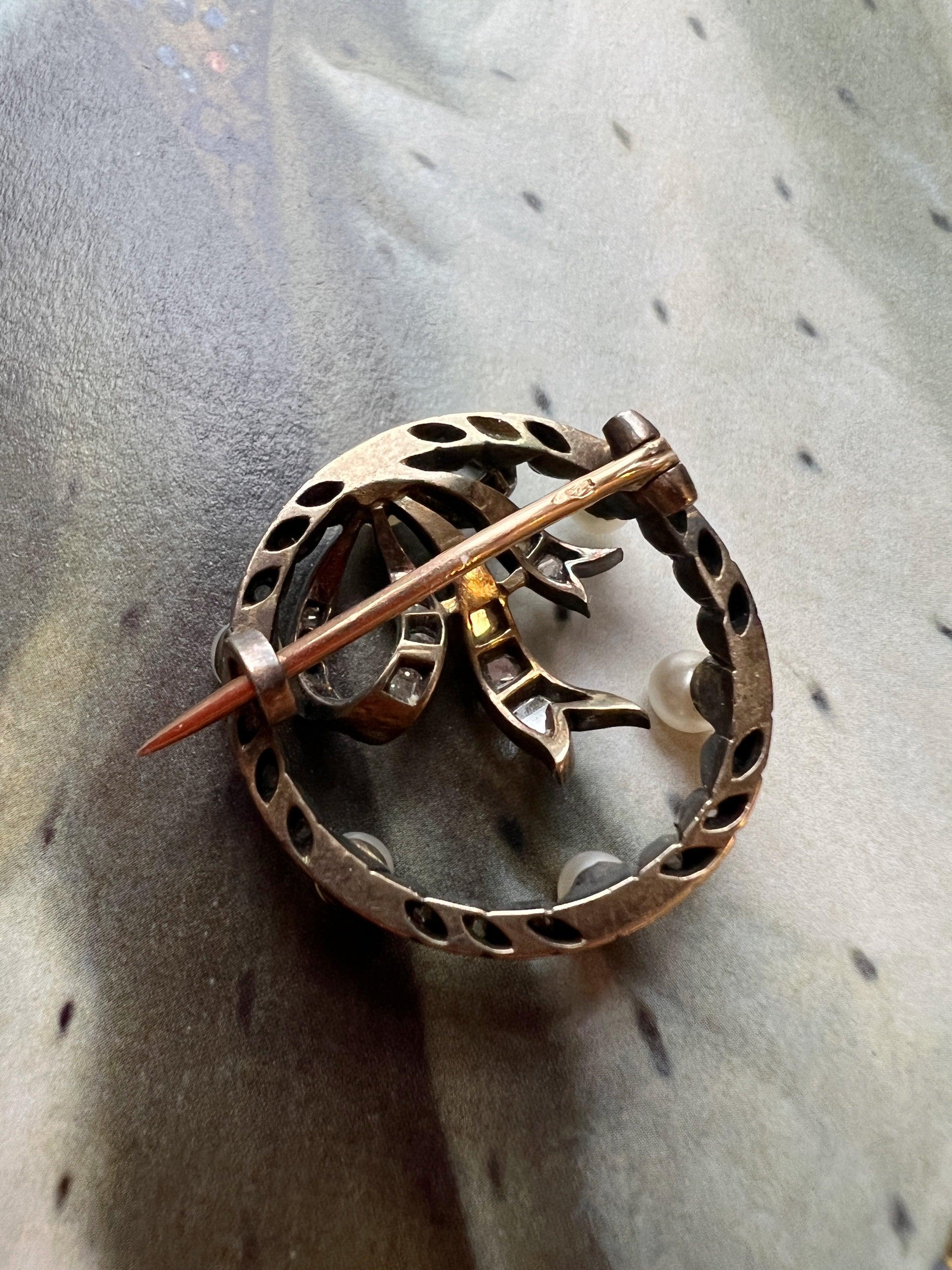 Antique 18K gold diamond natural pearl bow brooch - Curiously timeless