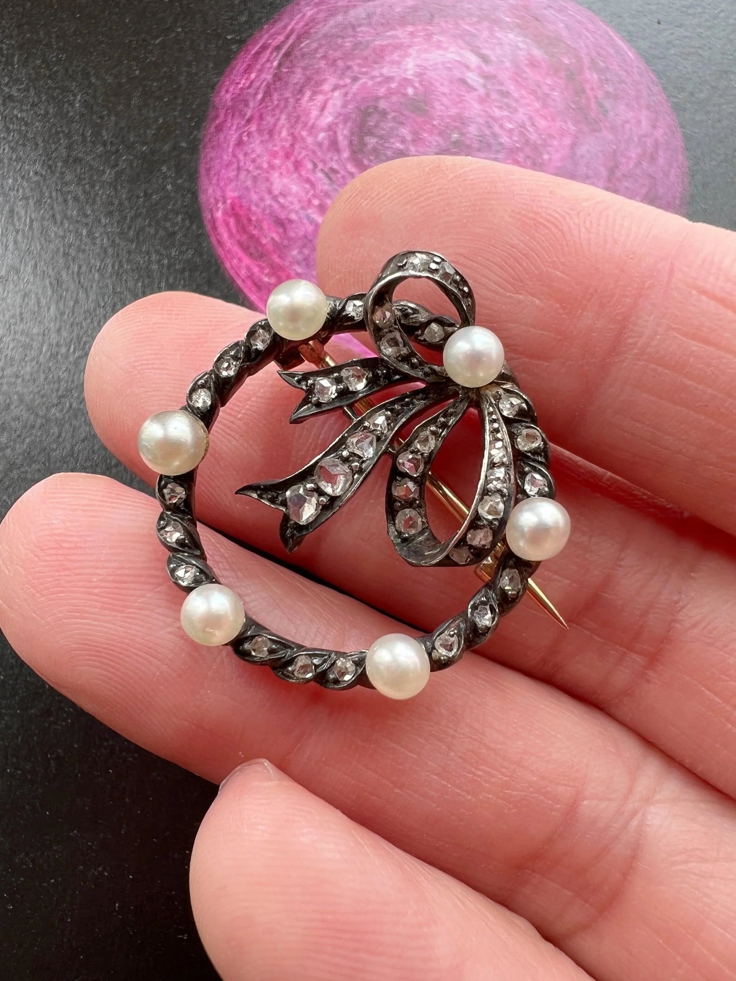 Antique 18K gold diamond natural pearl bow brooch - Curiously timeless
