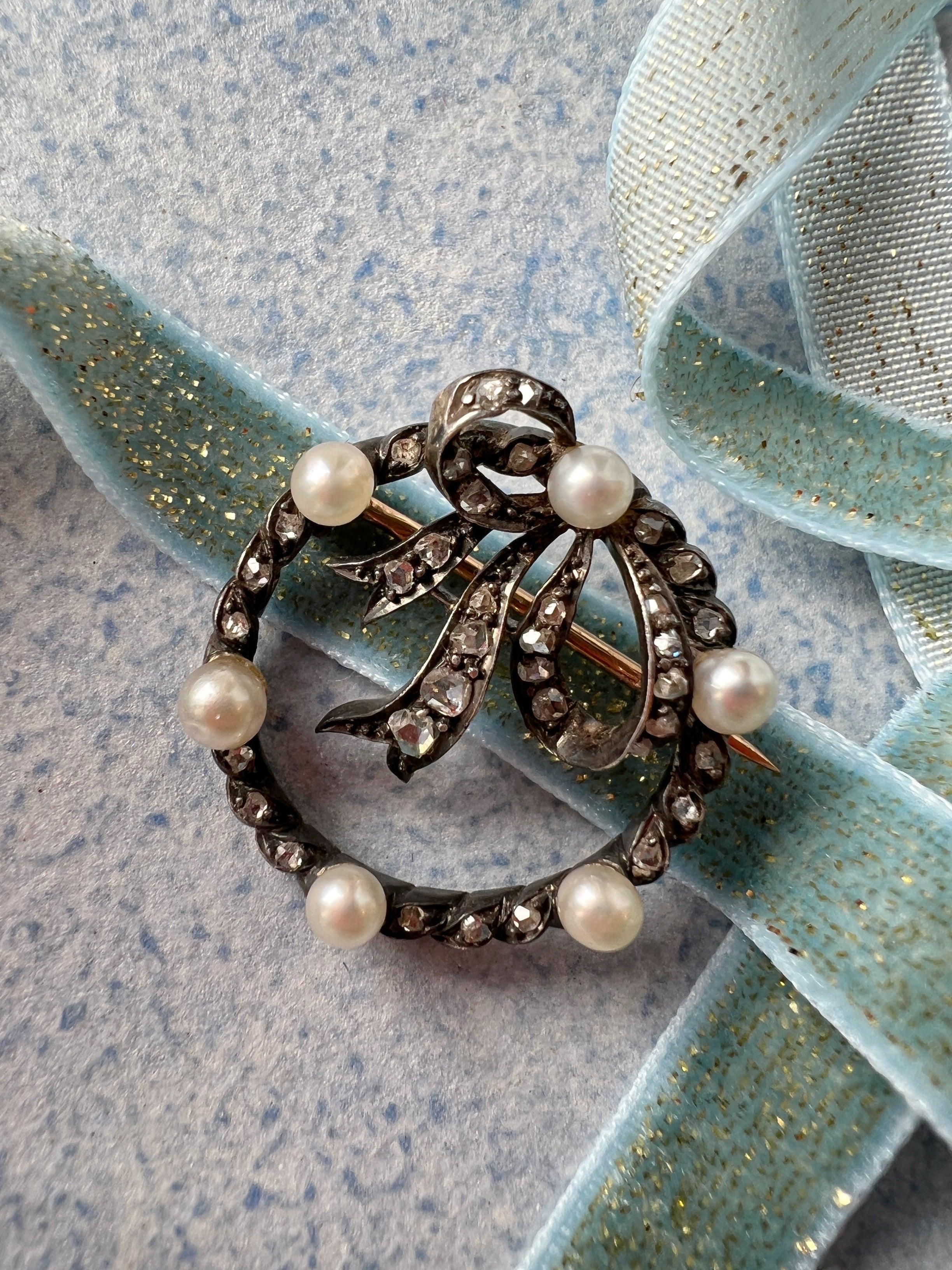 Antique 18K gold diamond natural pearl bow brooch - Curiously timeless