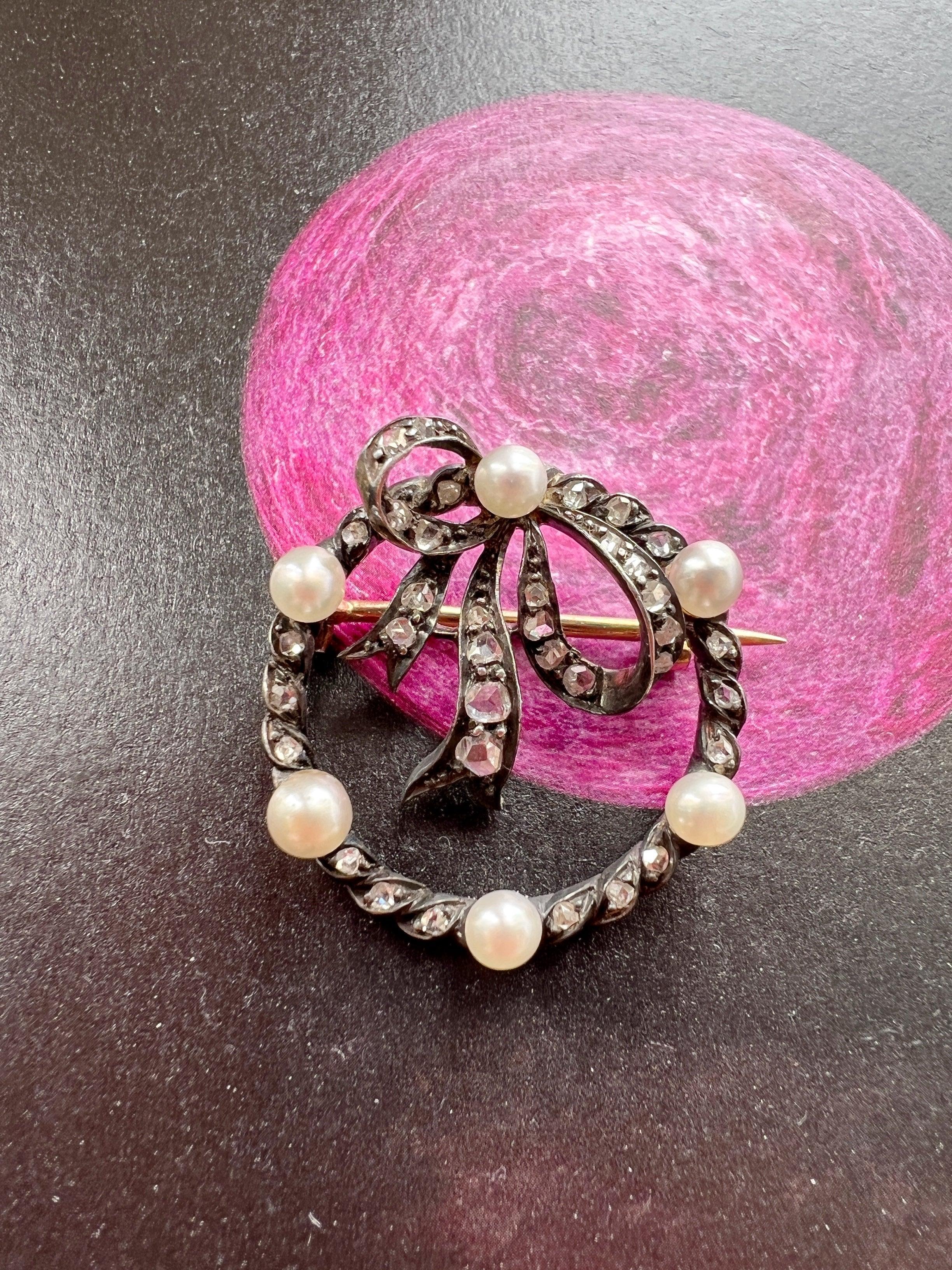 Antique 18K gold diamond natural pearl bow brooch - Curiously timeless