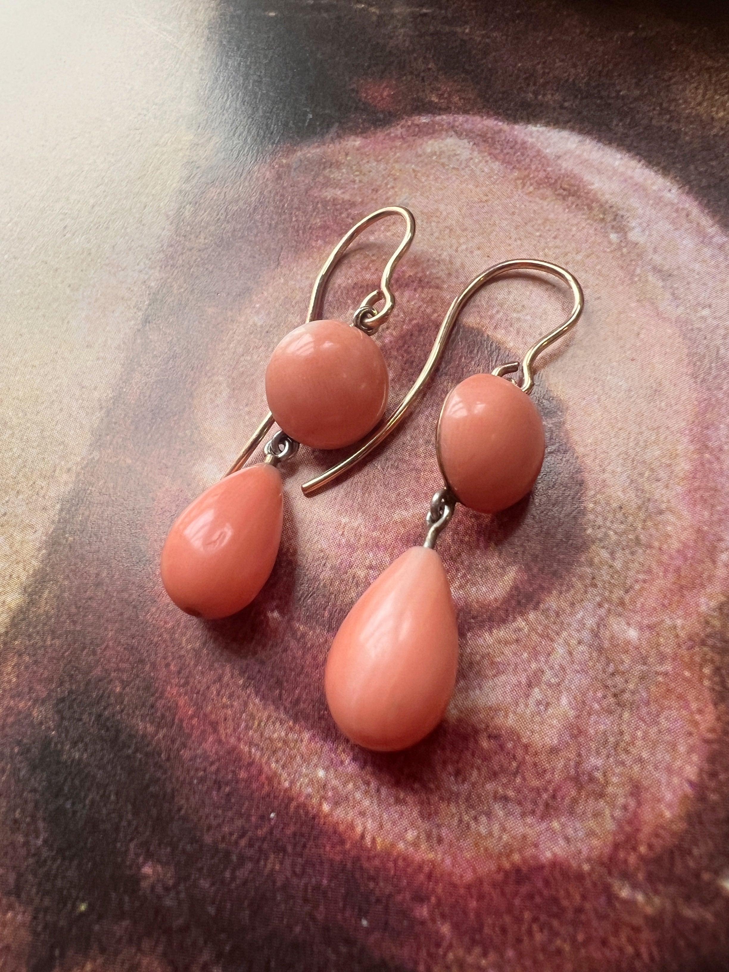 Victorian era 18K gold angel skin pink coral drop earrings - Curiously timeless