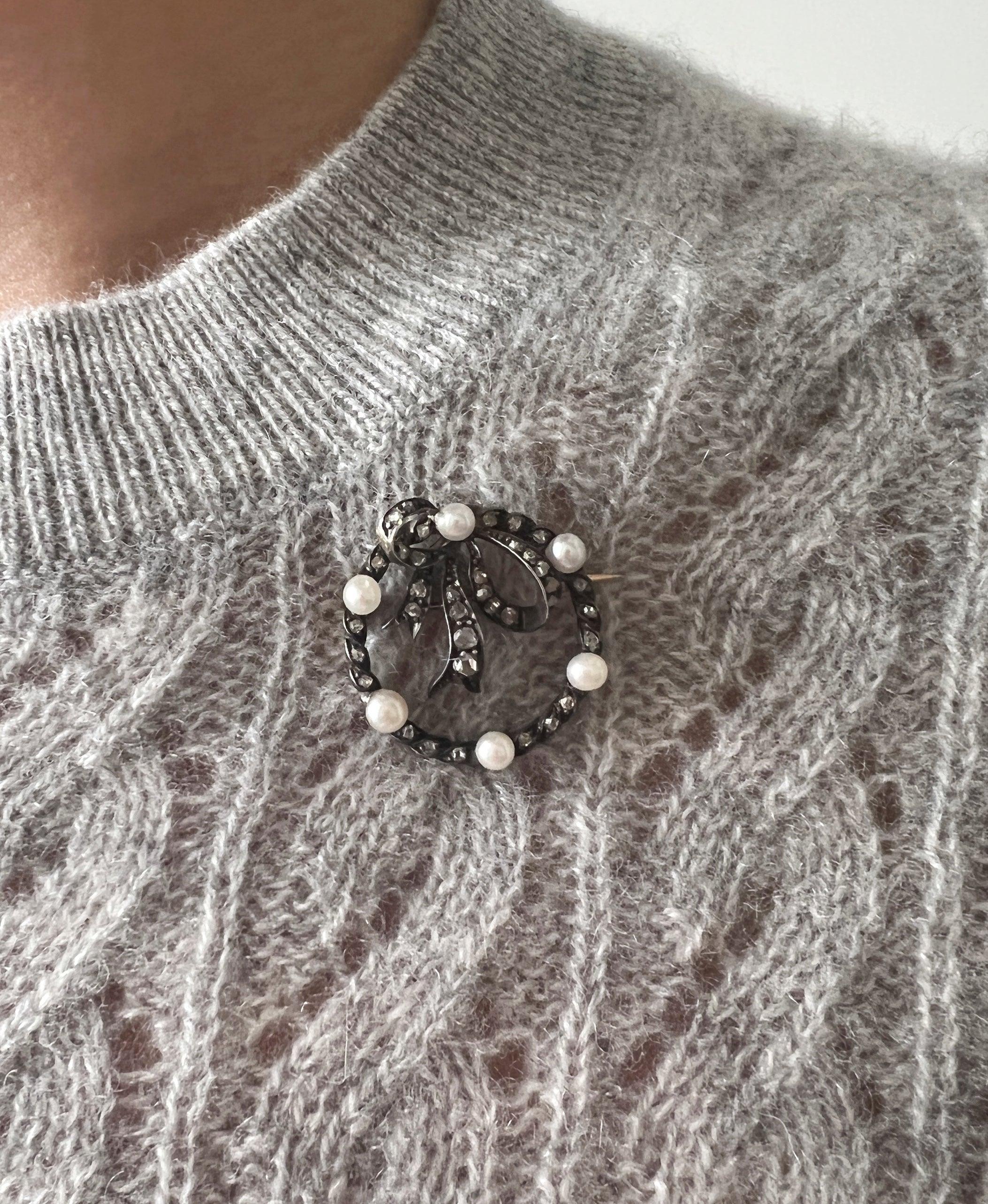 Antique 18K gold diamond natural pearl bow brooch - Curiously timeless