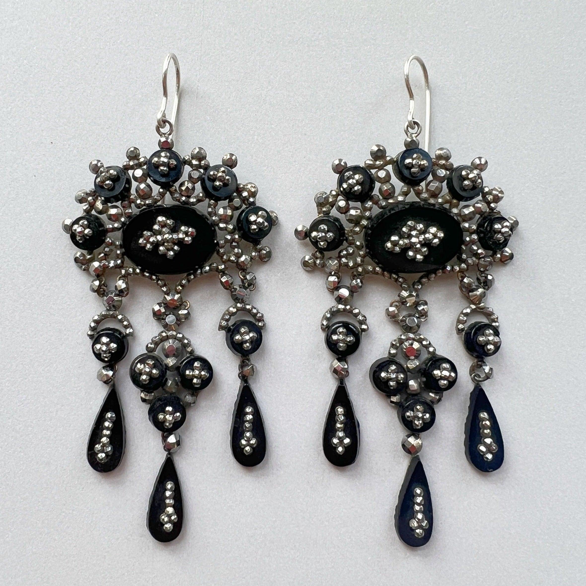 Rare 18th century Georgian era French cut steel onyx silver drop earrings - Curiously timeless