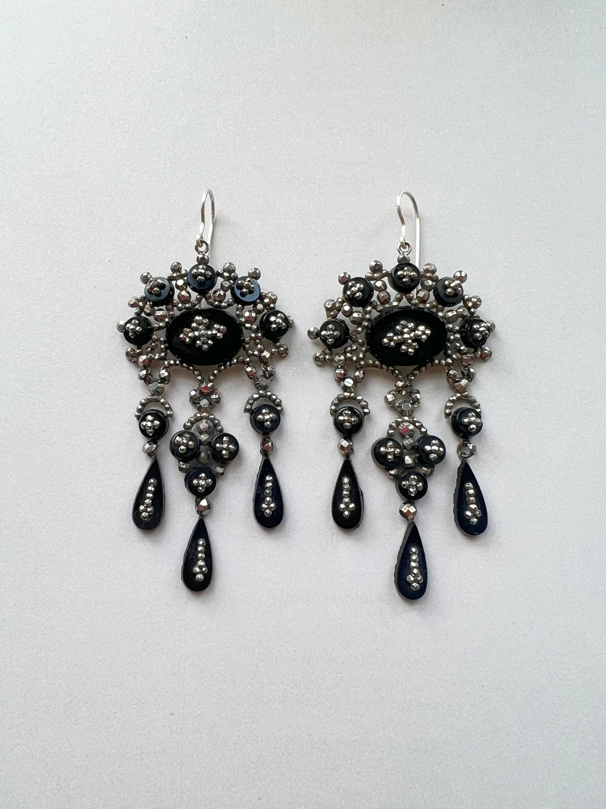 Rare 18th century Georgian era French cut steel onyx silver drop earrings - Curiously timeless