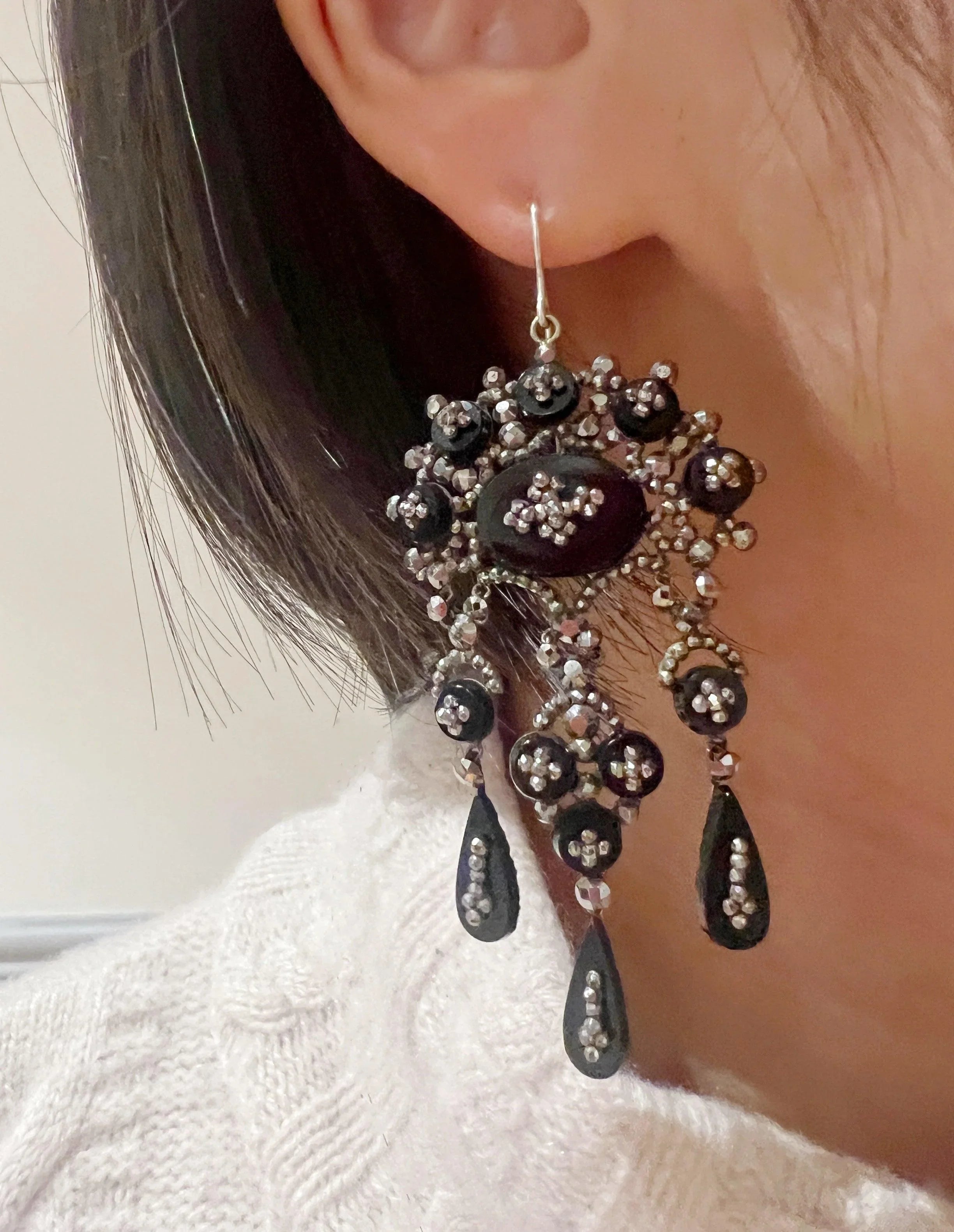 Rare 18th century Georgian era French cut steel onyx silver drop earrings - Curiously timeless