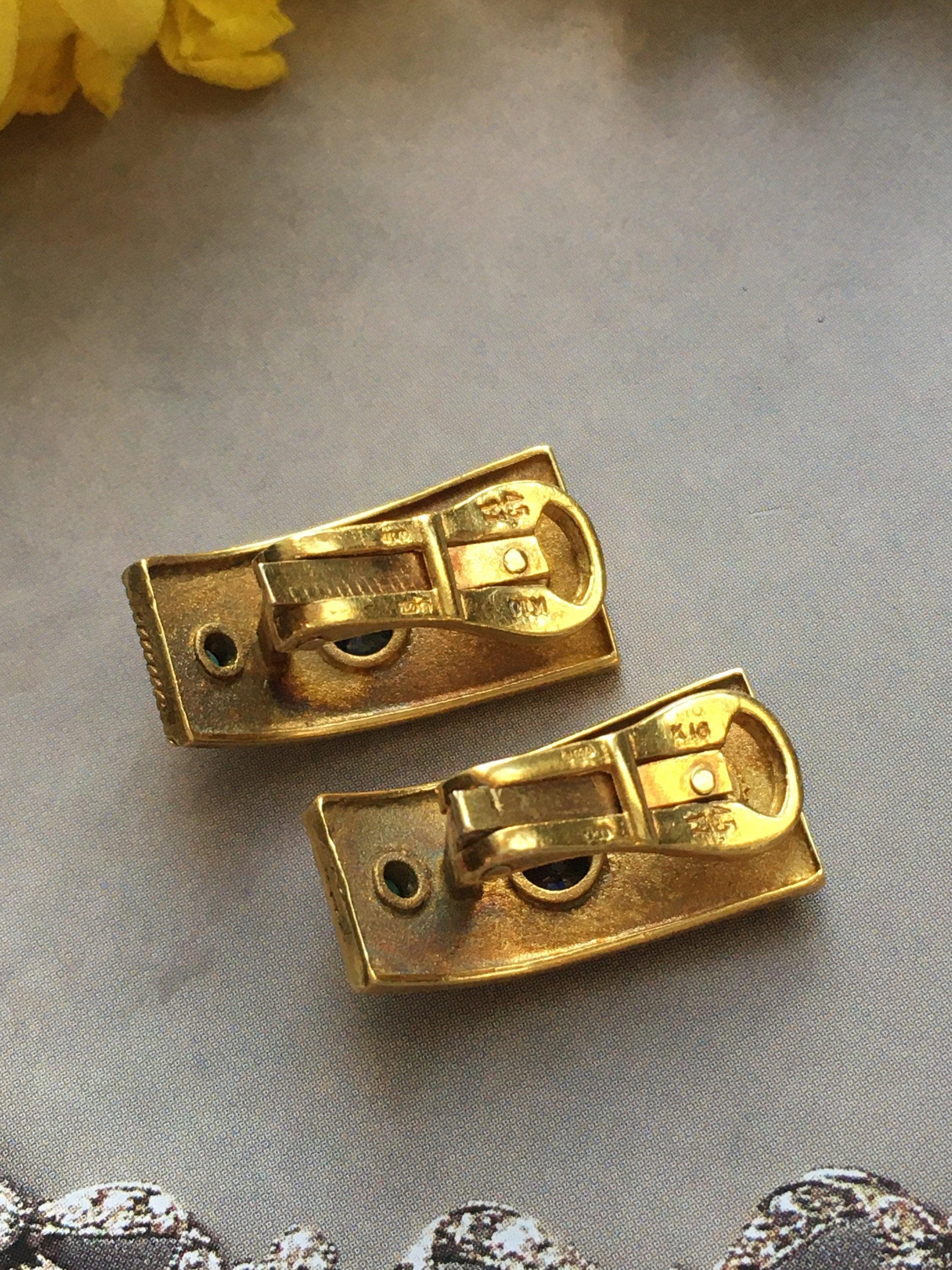 Enchanting Etruscan style 18K solid gold clip earrings with Ruby, Sapphire and Emerald - Curiously timeless