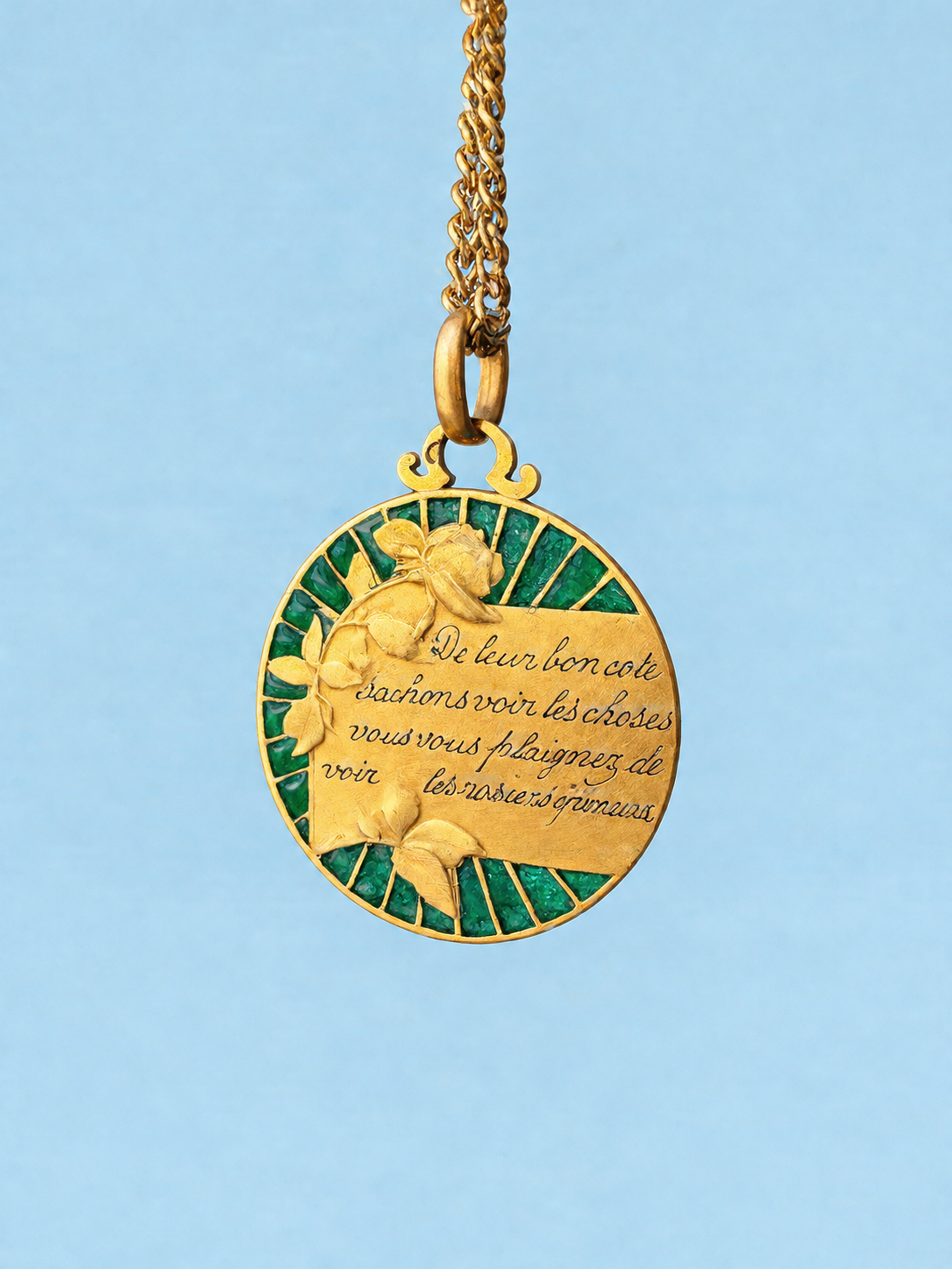 Rare French Art Nouveau 18K Gold Medal, verses from Alphonse Karr