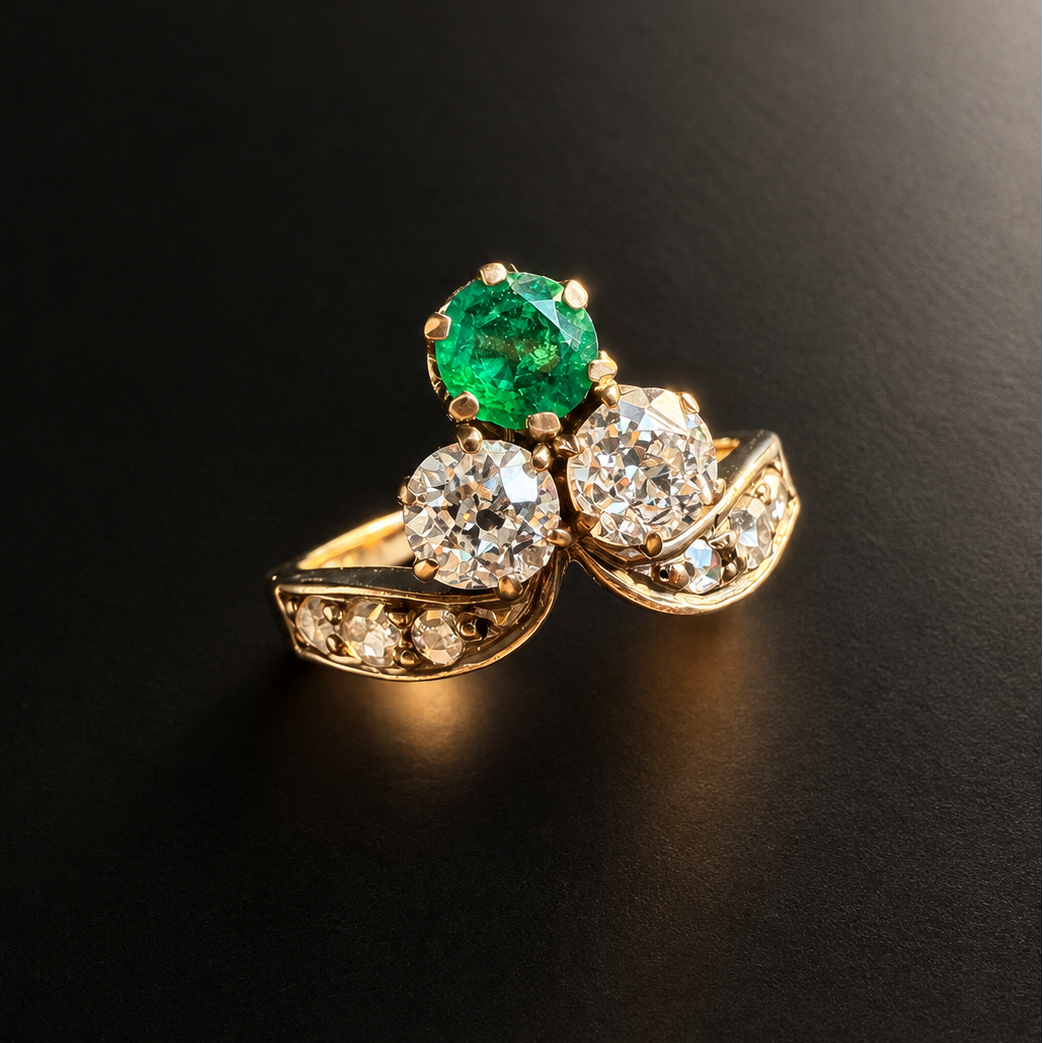 French Antique 18K Gold Emerald & Diamond Duchess Ring