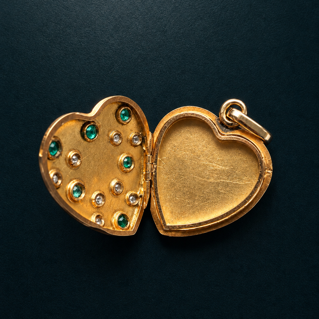 Victorian 18K Gold Heart Locket, Emeralds & Rose Cut Diamonds