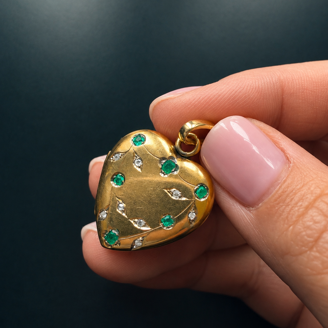Victorian 18K Gold Heart Locket, Emeralds & Rose Cut Diamonds