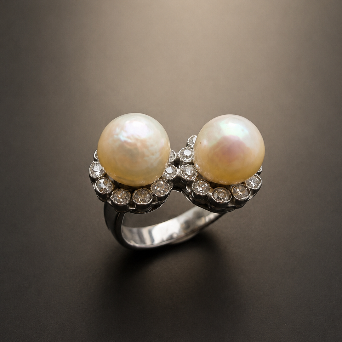 Art Deco 18K Gold LFG certified Natural Pearl & Diamond Ring