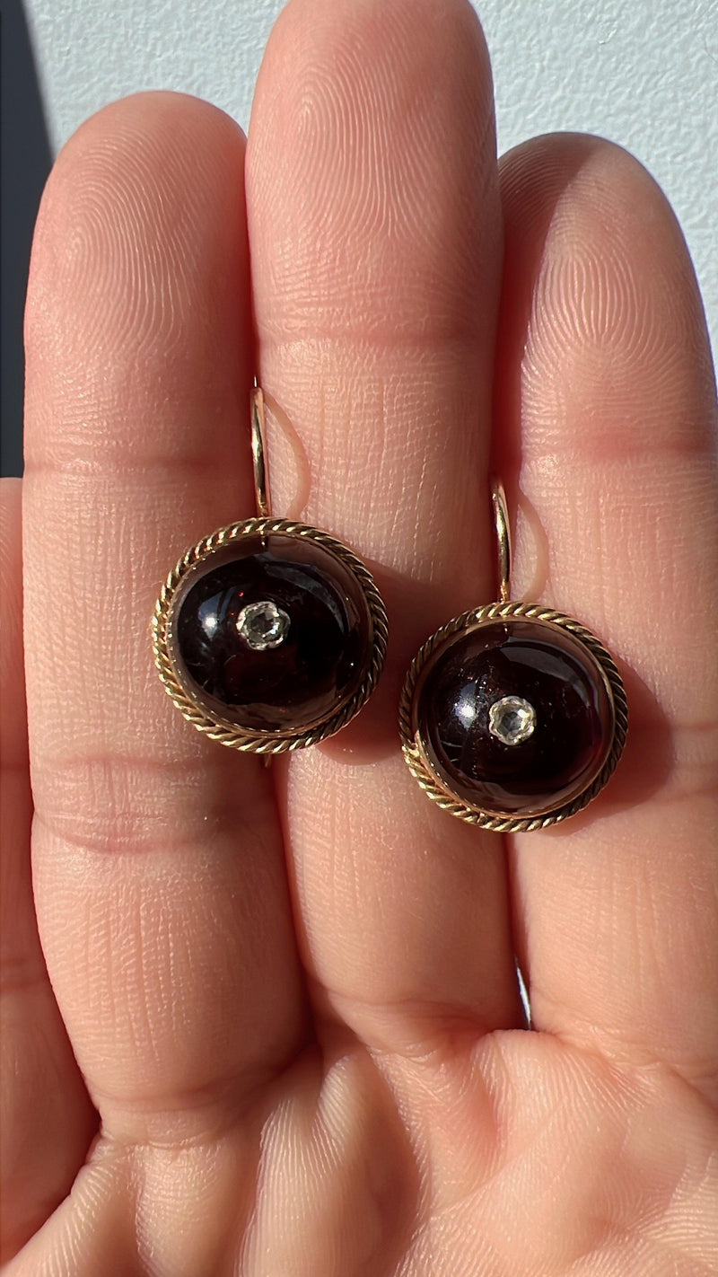 Victorian era 18K gold garnet cabochon diamond earrings