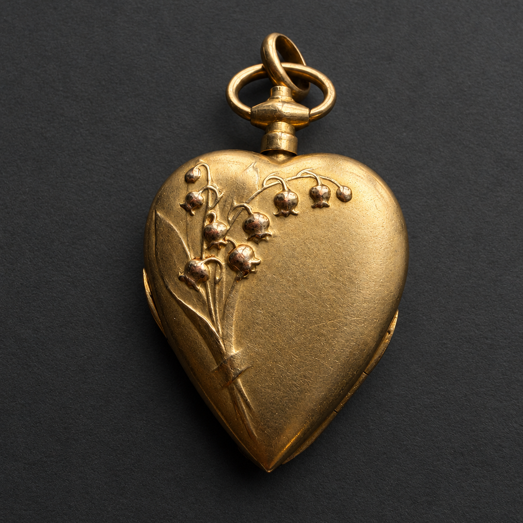 Antique 18K Gold Heart Locket with lily-of-the-valley flowers