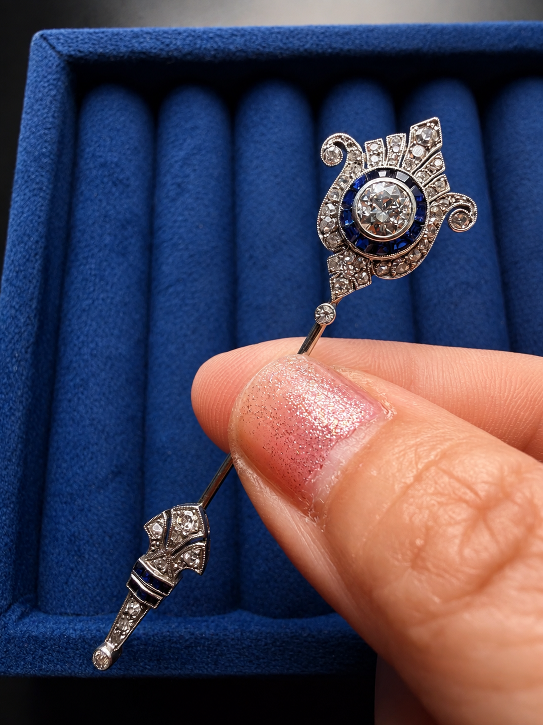 French Art Deco Diamond & Sapphire Jabot Pin in 18K White Gold