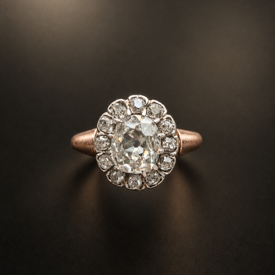 Late Victorian 18K Rose Gold Old Mine Cut Diamond Ring