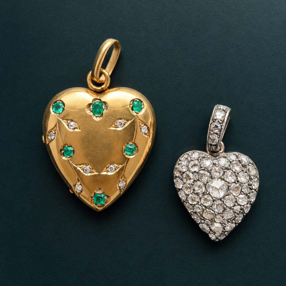 Victorian 18K Gold Heart Locket, Emeralds & Rose Cut Diamonds