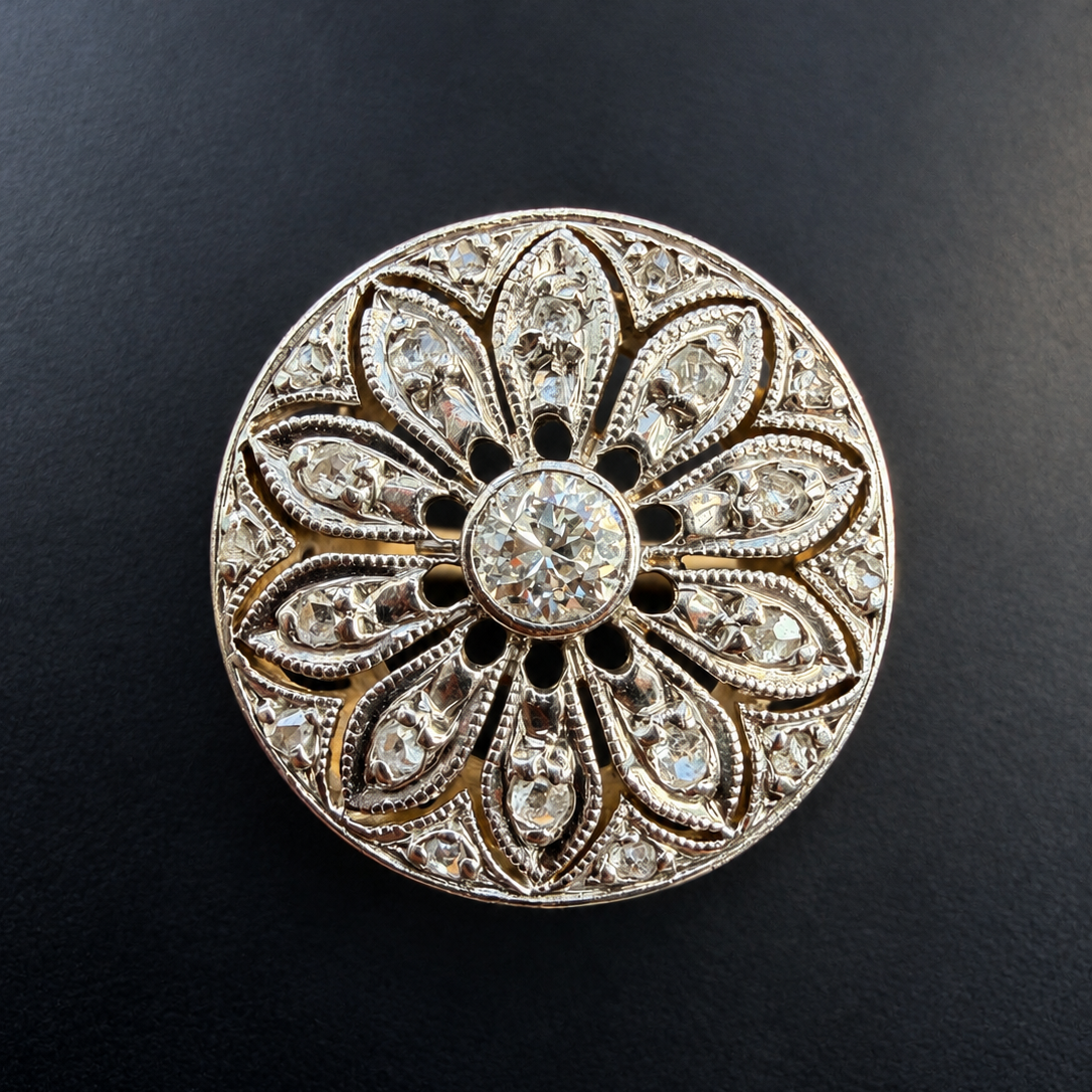 Edwardian 18K gold platinum daisy flower diamond ring