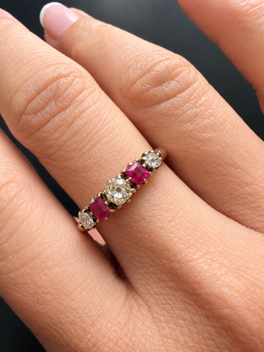 Antique French 18K Gold Diamonds & Rubies garter ring