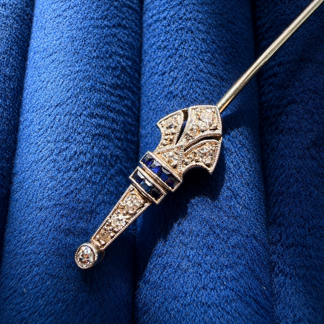 French Art Deco Diamond & Sapphire Jabot Pin in 18K White Gold
