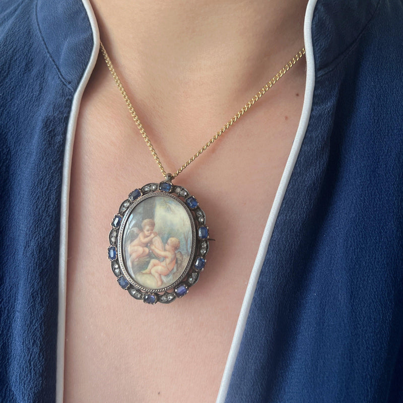 Victorian blue sapphire diamond miniature portrait pendant brooch