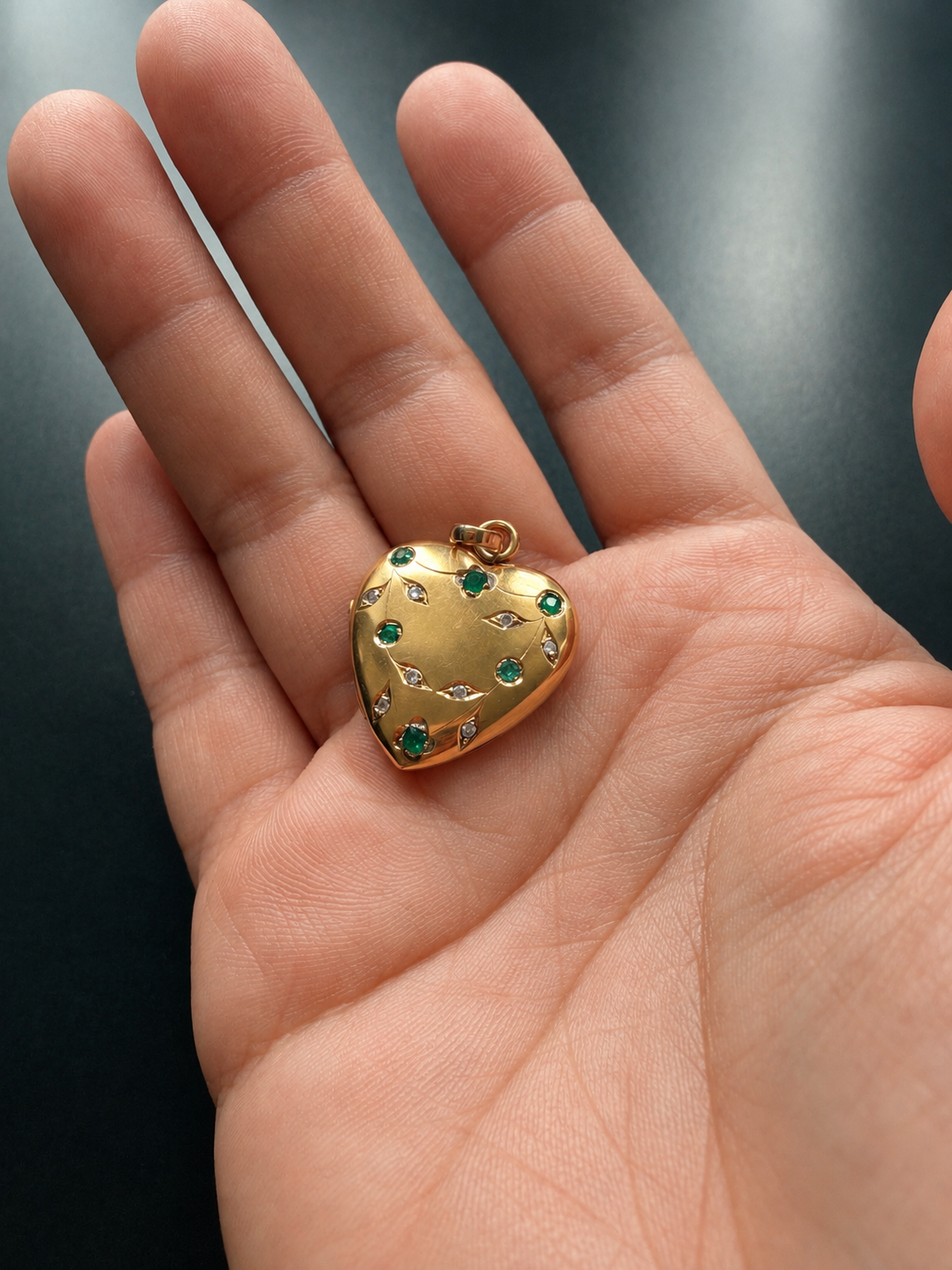 Victorian 18K Gold Heart Locket, Emeralds & Rose Cut Diamonds