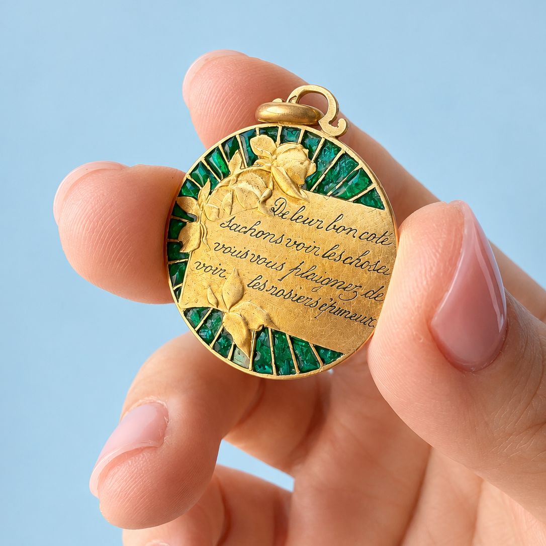 Rare French Art Nouveau 18K Gold Medal, verses from Alphonse Karr