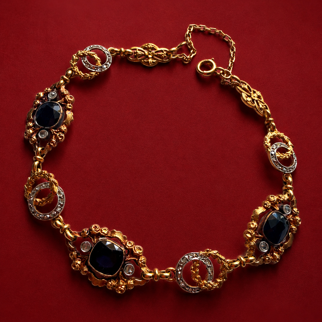 Art Nouveau 18K Gold Sapphire & Diamond Bracelet