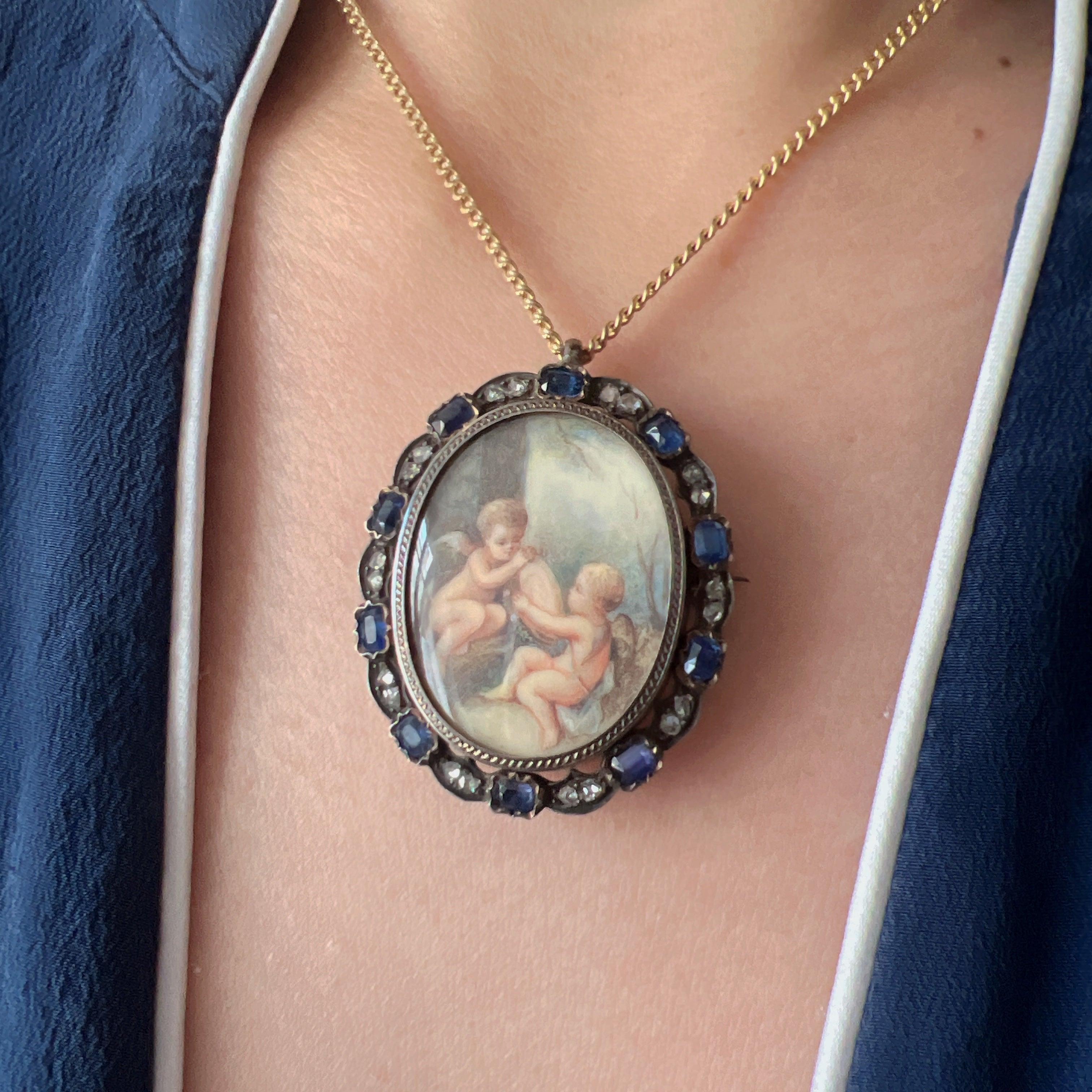 Victorian blue sapphire diamond miniature portrait pendant brooch - Curiously timeless