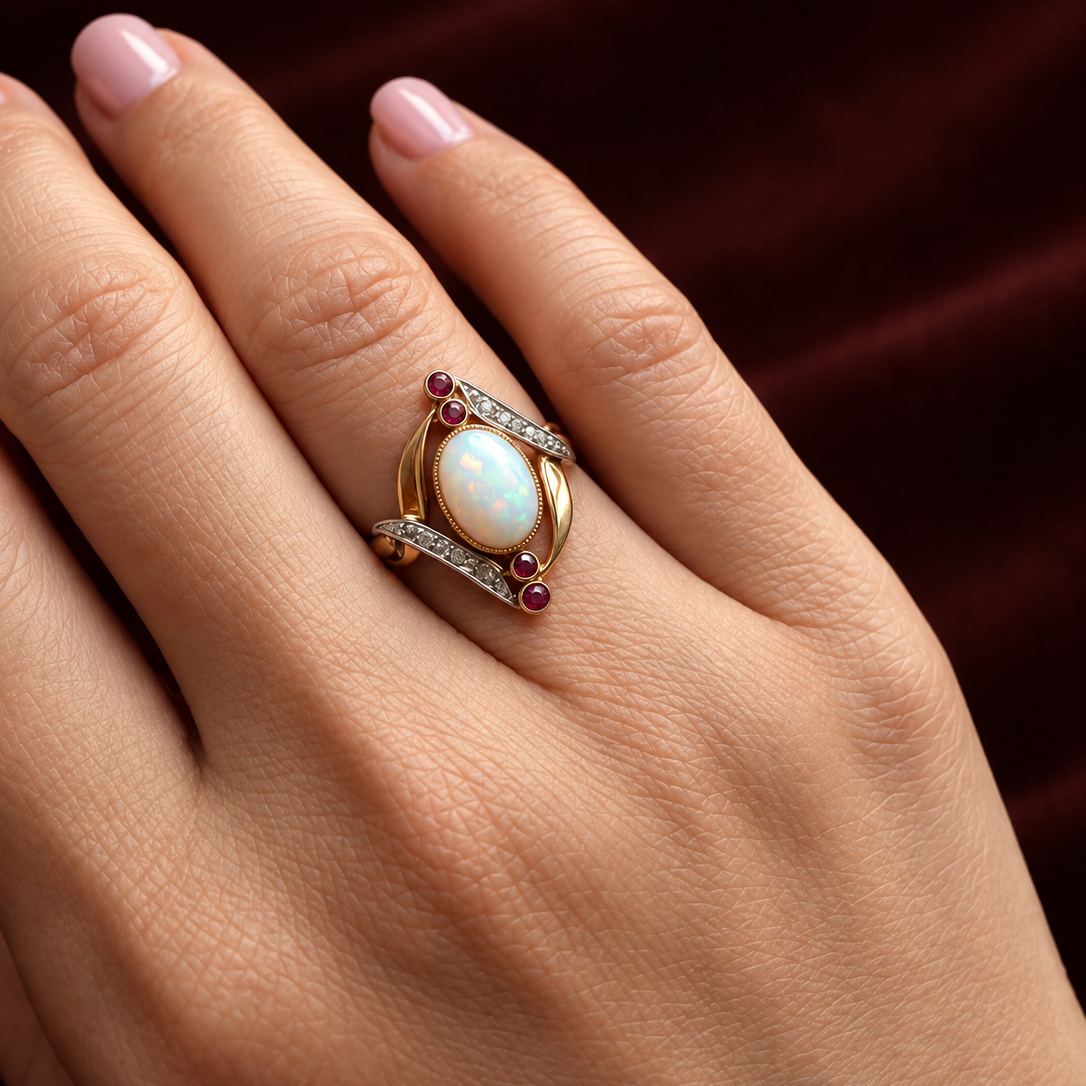 Antique French 18K gold opal and ruby diamond ring