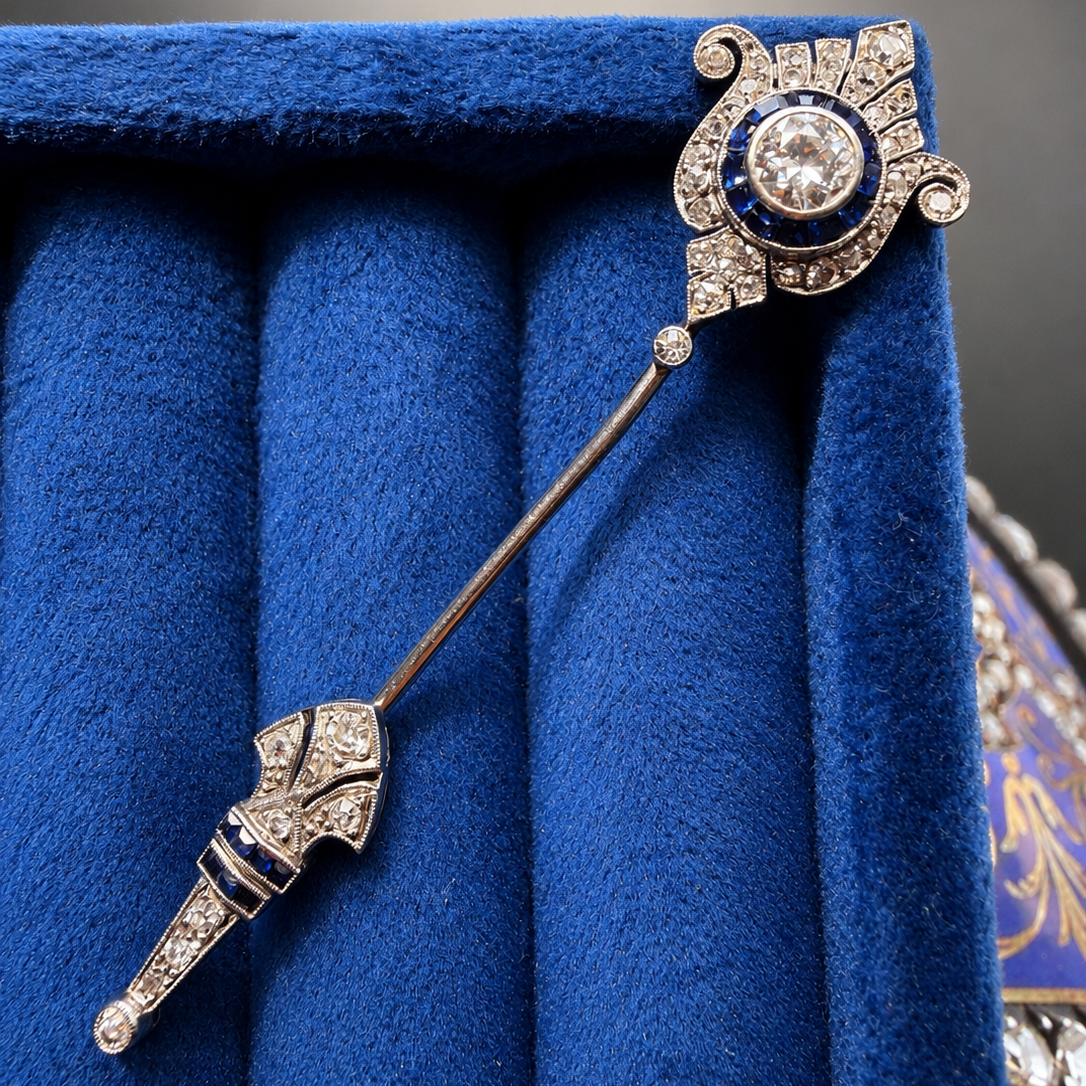 French Art Deco Diamond & Sapphire Jabot Pin in 18K White Gold