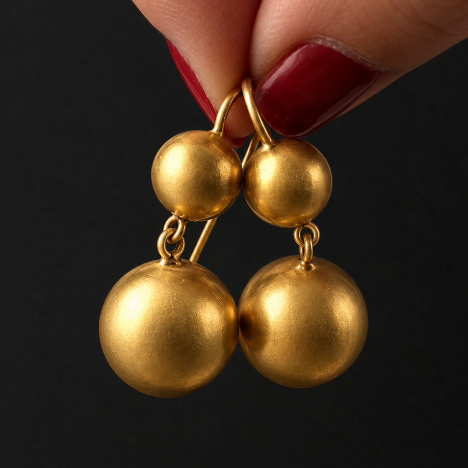 Antique 18K Yellow Gold Double Orb Drop Earrings