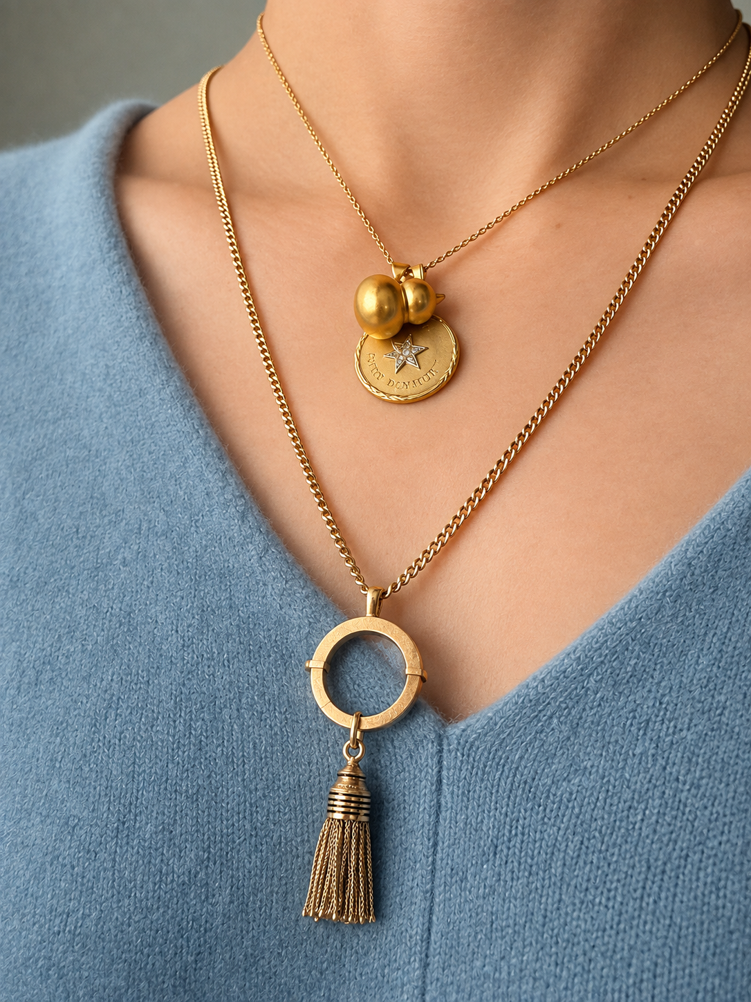 French antique 18K gold black enamel tassel pendant