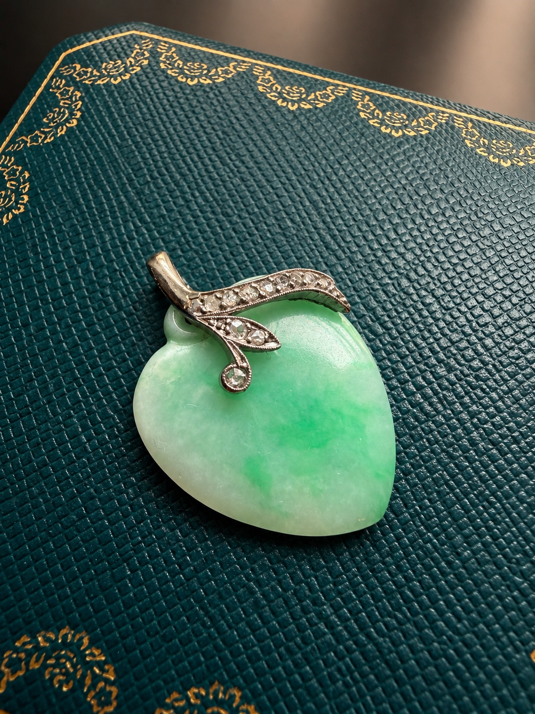 French antique 18K white gold jade diamond heart pendant
