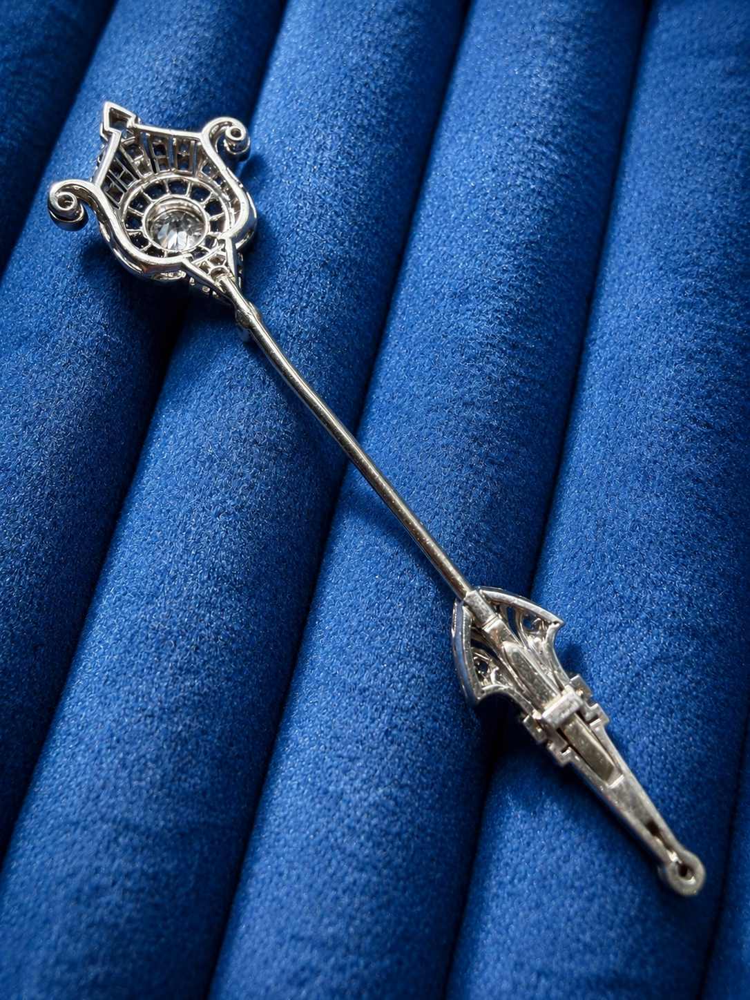 French Art Deco Diamond & Sapphire Jabot Pin in 18K White Gold