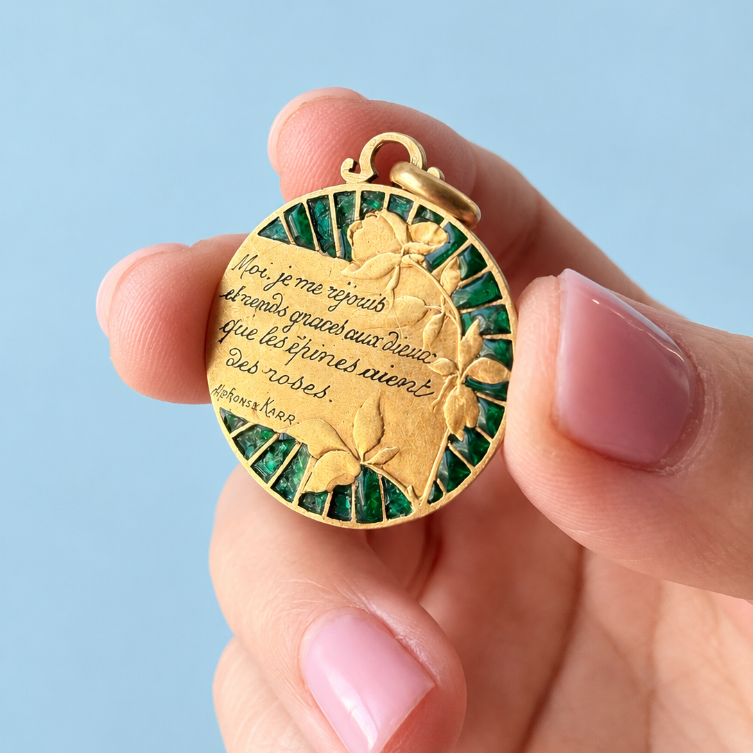 Rare French Art Nouveau 18K Gold Medal, verses from Alphonse Karr