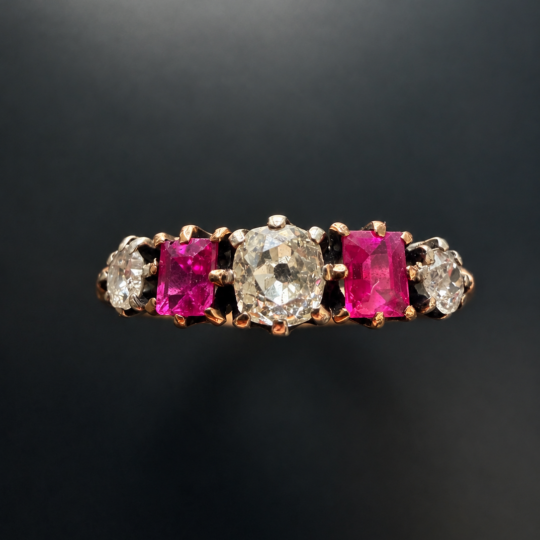 Antique French 18K Gold Diamonds & Rubies garter ring