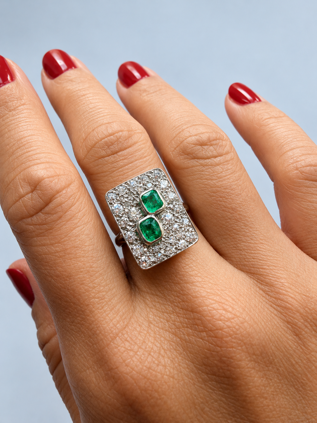 French Art Deco 18K gold Diamond & Emerald Ring