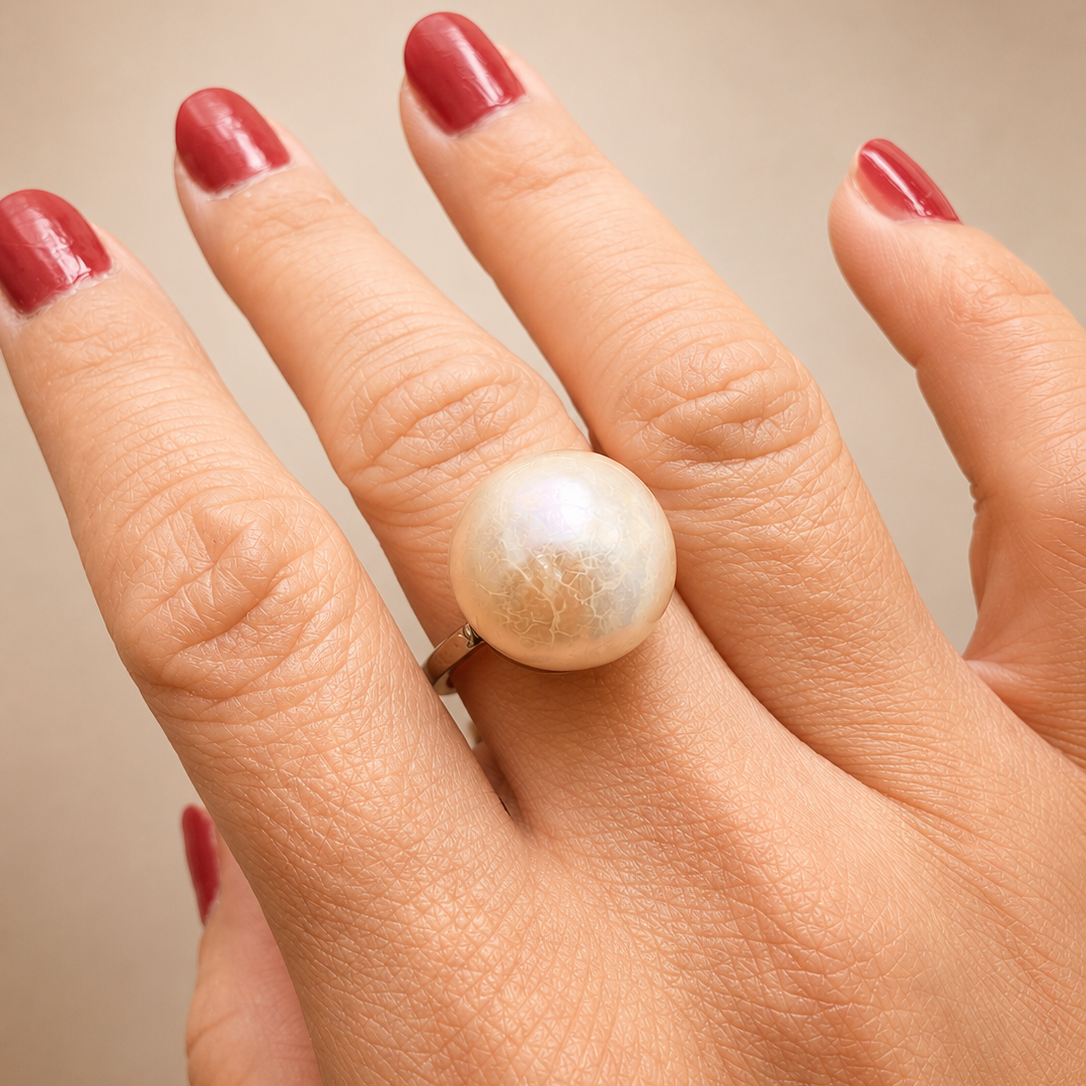Art Deco 14K White Gold Mabe Pearl diamond Ring