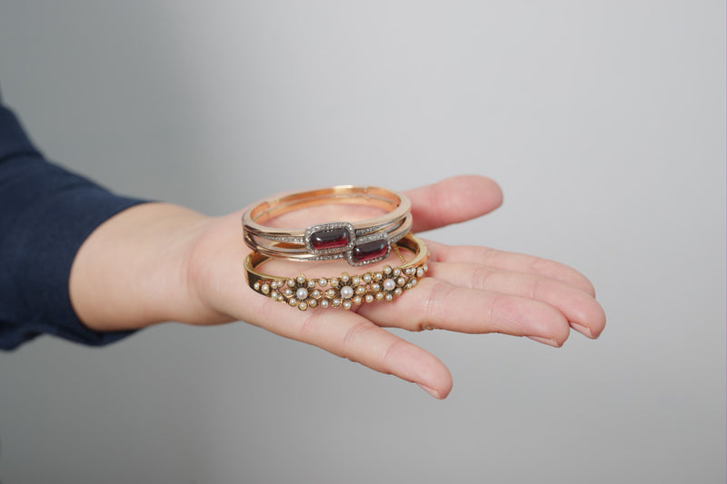 Victorian era 14k gold pearl flower bangle bracelet