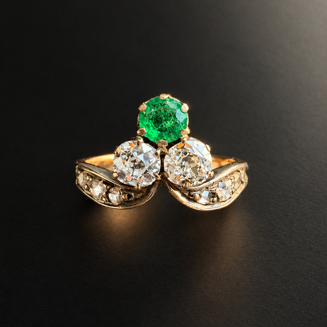 French Antique 18K Gold Emerald & Diamond Duchess Ring