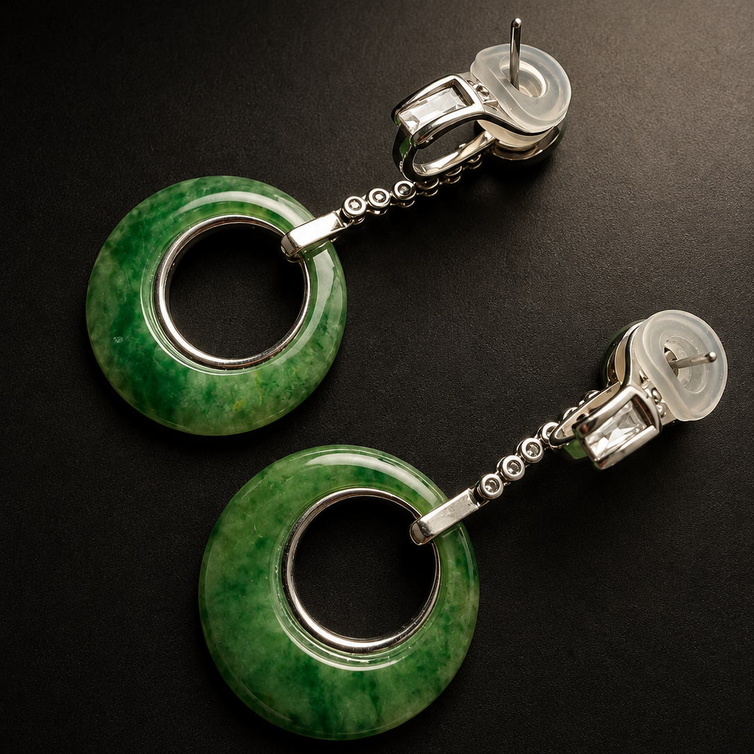 Art Deco 18K gold jade diamond drop earrings
