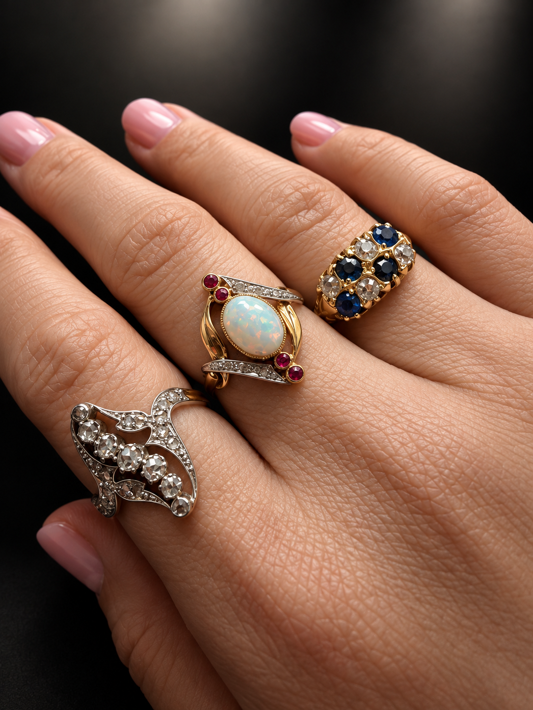 Antique French 18K gold opal and ruby diamond ring