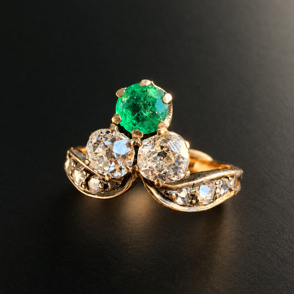 French Antique 18K Gold Emerald & Diamond Duchess Ring