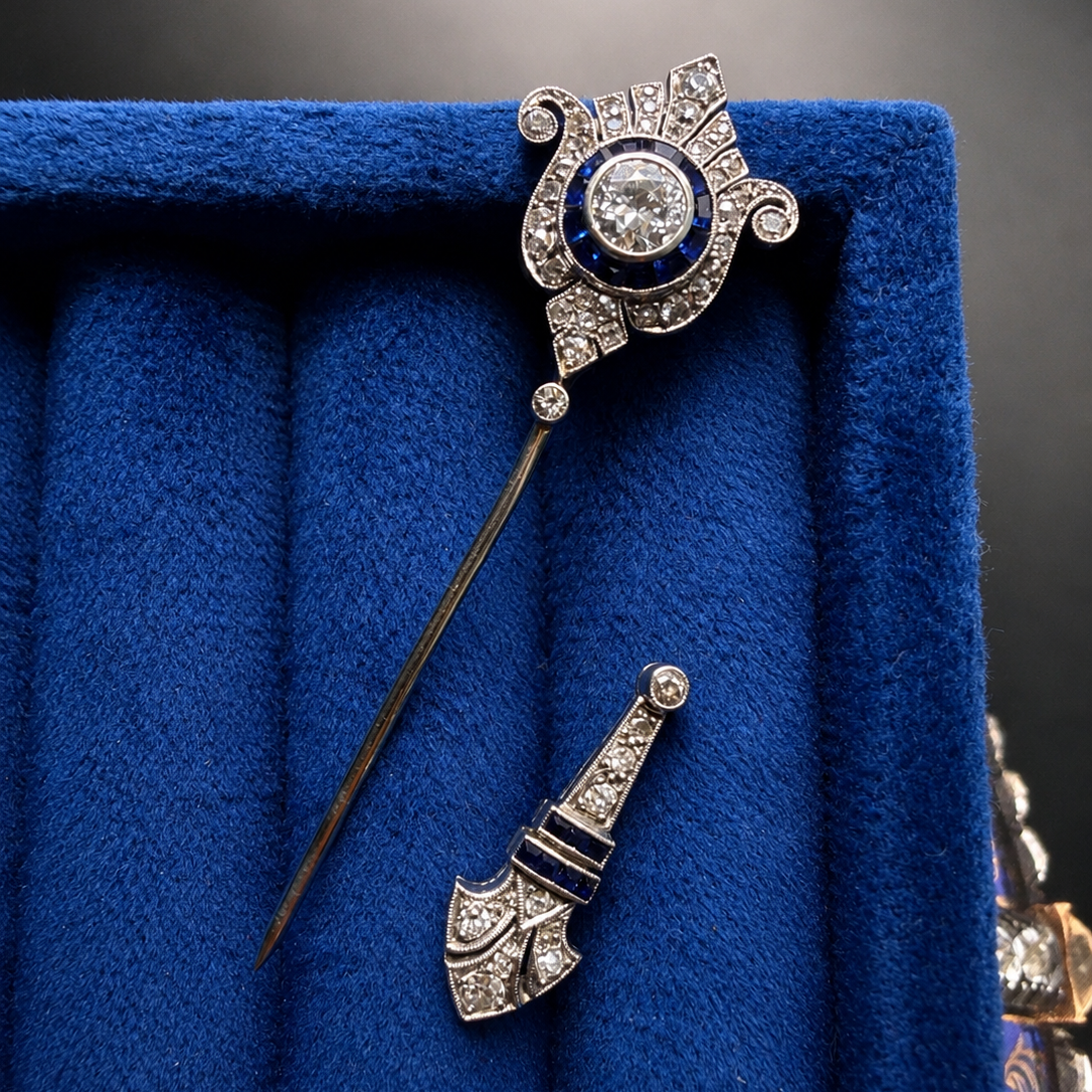 French Art Deco Diamond & Sapphire Jabot Pin in 18K White Gold