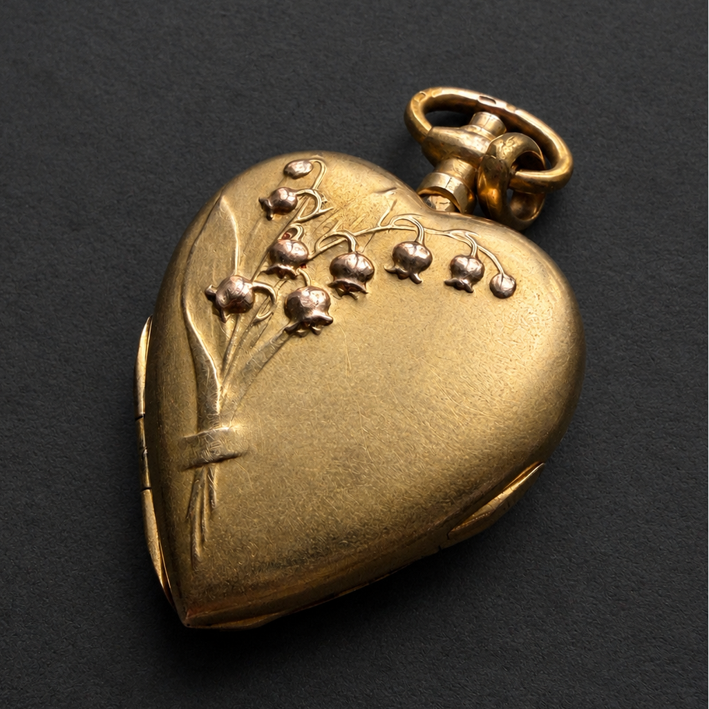 Antique 18K Gold Heart Locket with lily-of-the-valley flowers